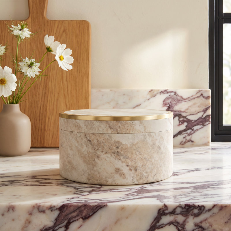 Beige Marble Canister with Brass Edge Lid, 2" H x 4" W x 4" D