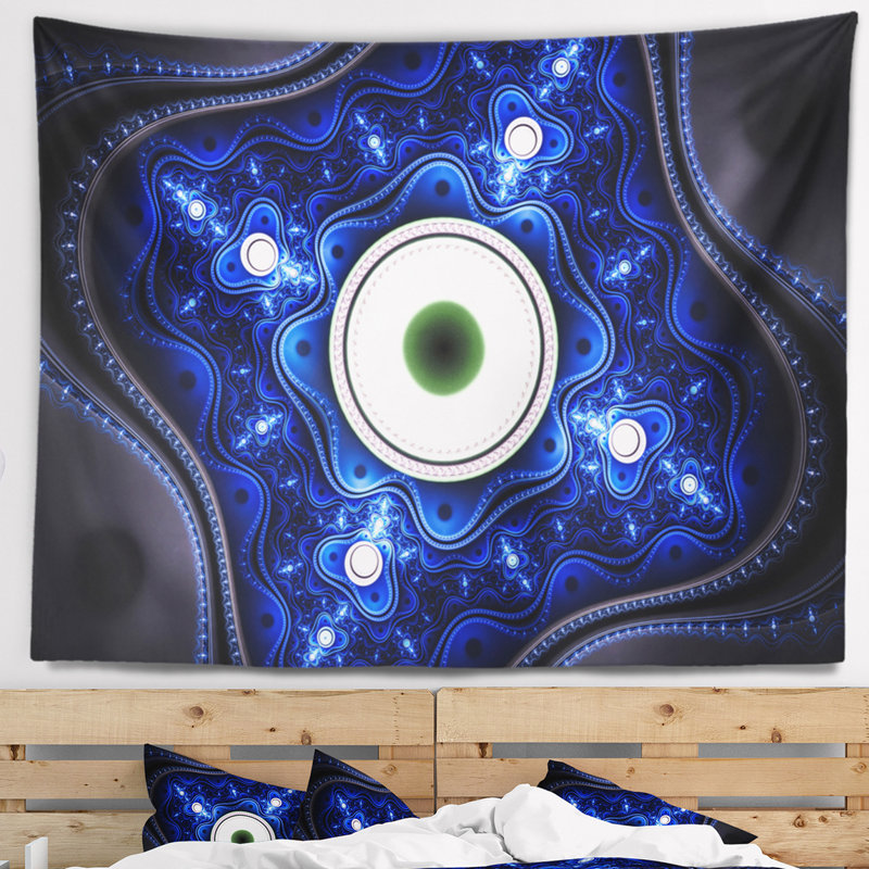 Motif abstrait bleu exotique avec cercles, H 78 po x l 92 po