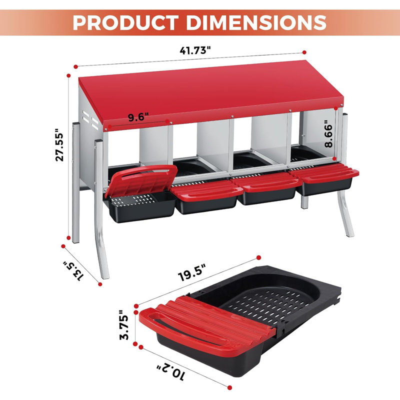 Boîtes de nidification de poulet avec pattes, boîte de ponte en acier galvanisé résistant aux intempéries à 4 trous avec perchoir à poignée et collection automatique d'œufs à enroulement, facile à nettoyer et à assembler rapidement pour le poulailler