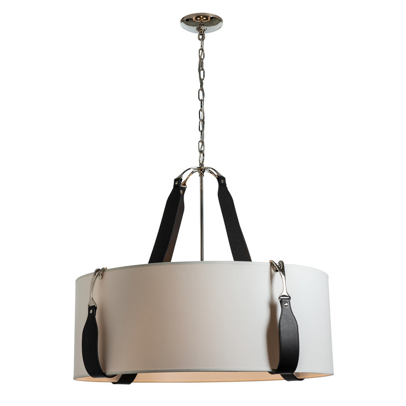 Saratoga 4 - Light Drum Pendant, Natural Anna Shade, Black Leather, Polished Nickel