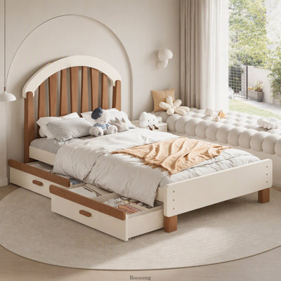 Lit plateforme simple en bois avec tiroir de rangement et tête de lit ronde, beige et naturel foncé, sans sommier, cadre de lit pour enfant