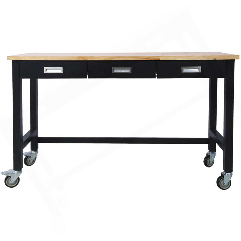 Banc de travail 60 po, banc de travail avec rangement de tiroir, table de travail en bois de bambou robuste avec roulettes pour le bureau à domicile