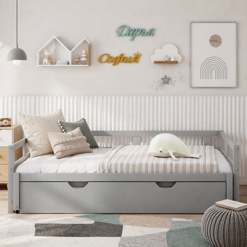 Lit de jour extensible avec couchette, lit de jour en bois avec couchette, Gris