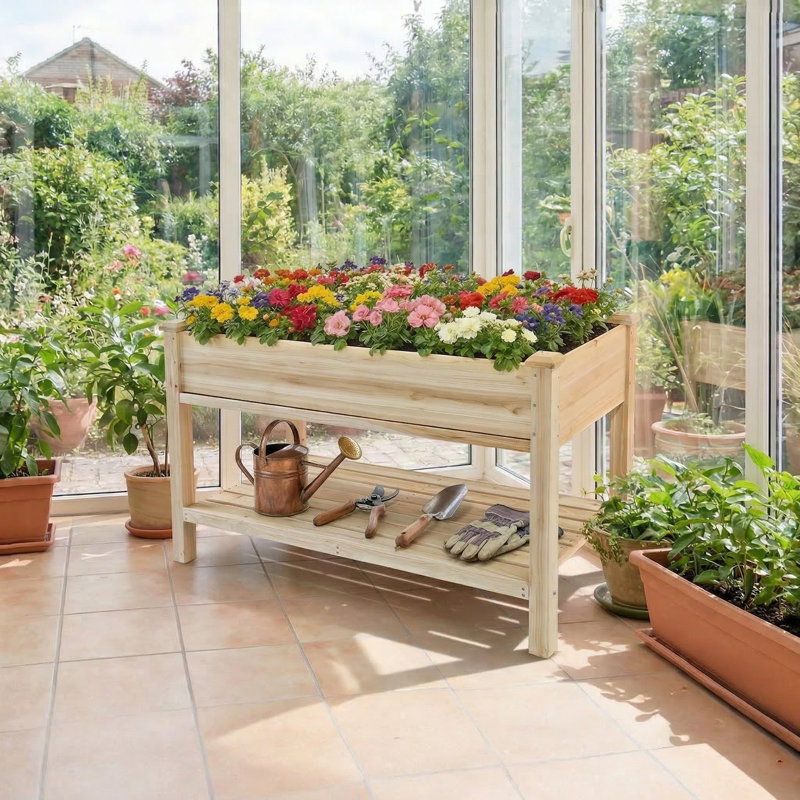 Lit de jardin surélevé en bois massif de 48 po de largeur avec plateau de récupération d'eau et tablette de rangement, bac à fleurs avec doublure de protection et trous de drainage pour la cour de patio