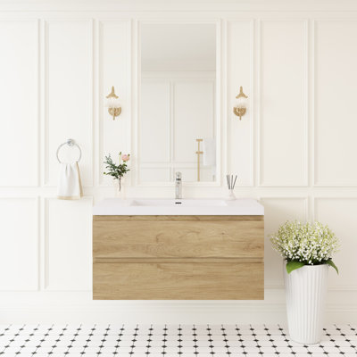 Meuble-lavabo flottant de 42 po, meuble-lavabo mural avec lavabo, lavabo à surface solide, tiroir à fermeture en douceur, comptoir en résine, installation facile, rangement en bois naturel, chêne naturel