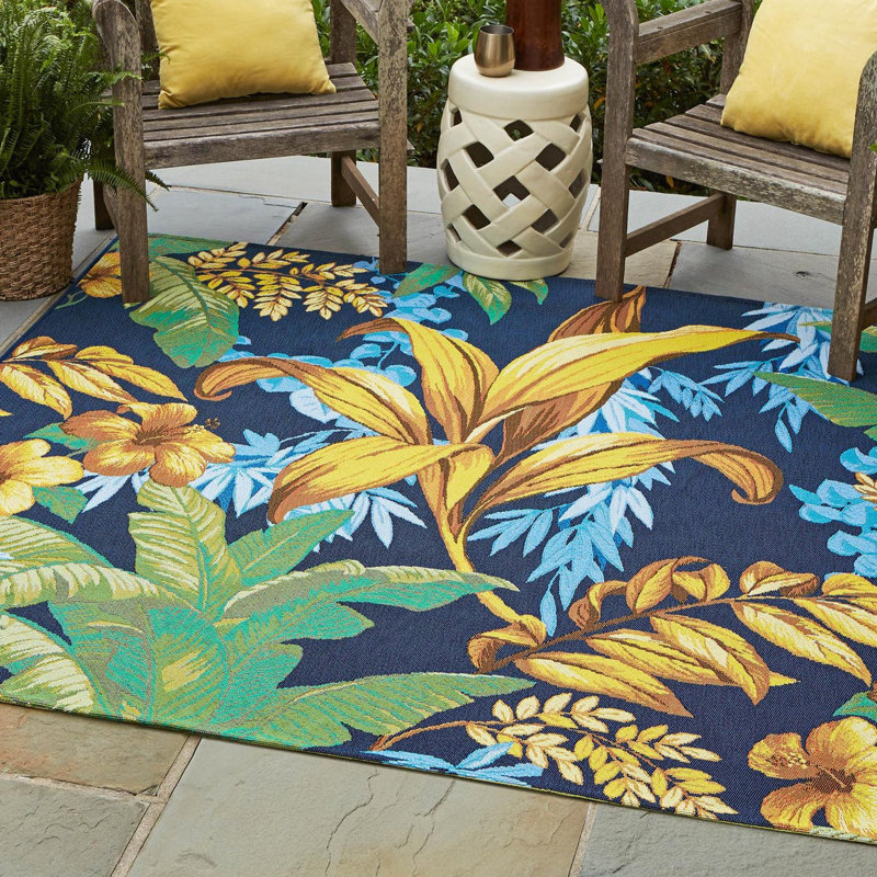Brett Floral Blue/Yellow Indoor / Outdoor Area Rug, Square 5'3"