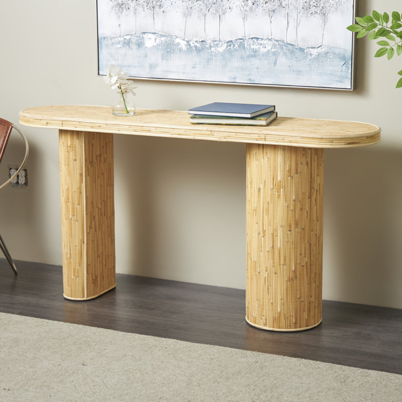 Cole And Grey Rattan Handmade Textured Oval Console Table With Linear Wood Strip Design