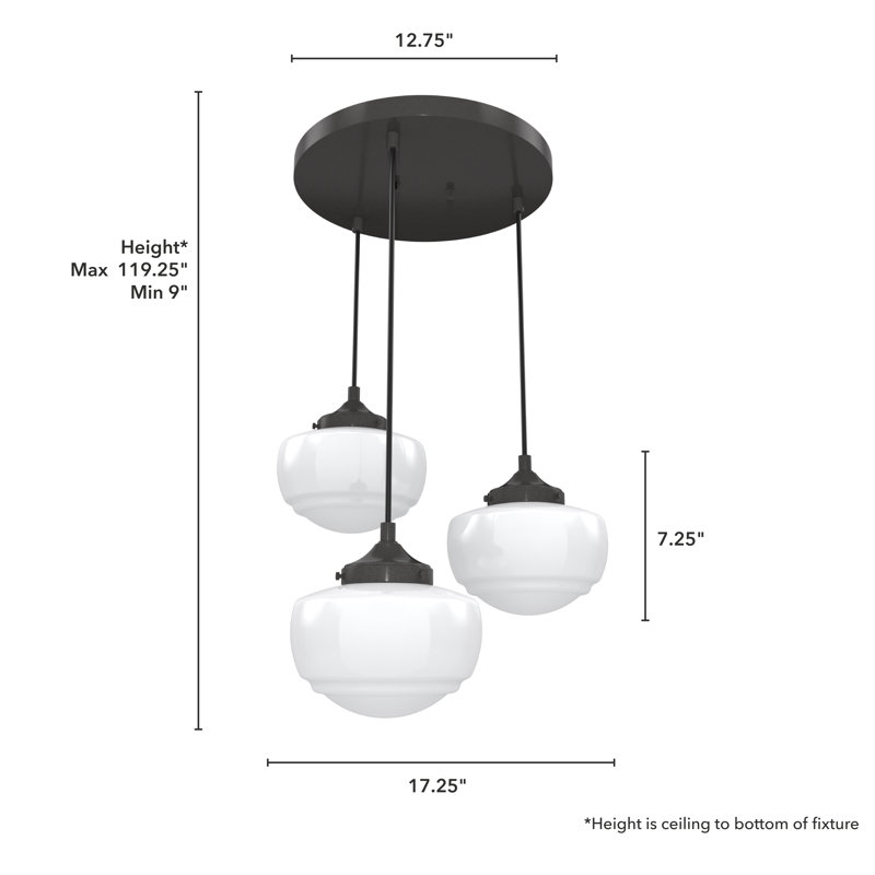 Saddle Creek 3 - Light Schoolhouse Cluster Pendant, Cased White, Noble Bronze