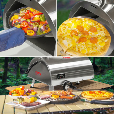 Silver Pizza Oven Outdoor 12" Semi-Automatic Rotatable Pizza Ovens Portable Stainless Steel Wood Fired Pizza Oven Pizza Maker With Built-In Thermometer Pizza Cutter Carry Bag