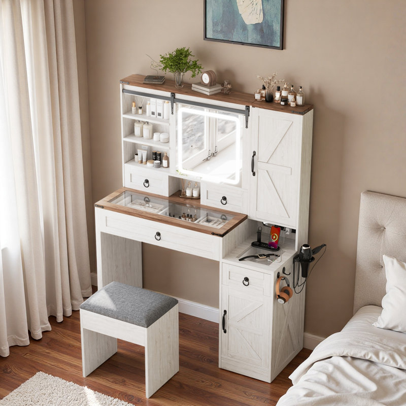 Farmhouse Vanity Desk With Sliding Led Mirror, Glass Top, Charging Station, 4 Drawers, 2 Cabinets And Stool, White