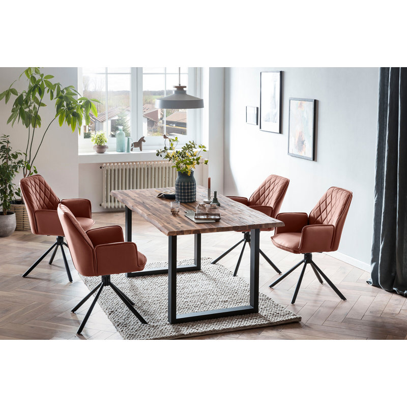 4 - Person Dining Set, Natural/Cognac/Black, Black/Natural/Cognac, 75cm H x 180cm W x 90cm D