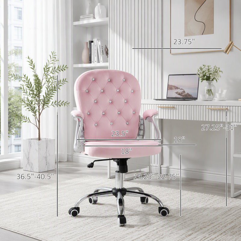Chaise de bureau en velours capitonnée, polyester, Rose, Rose