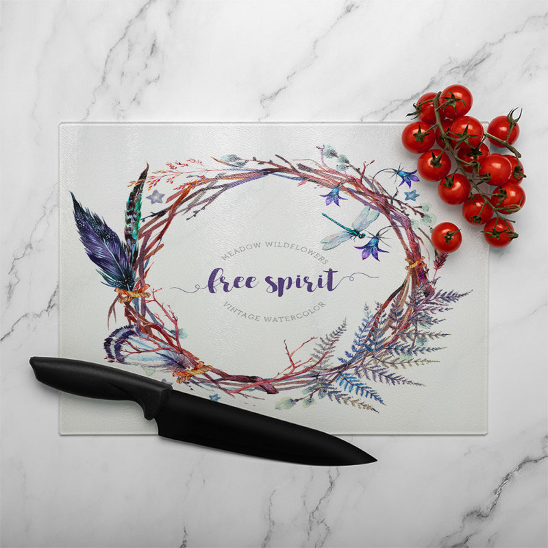 Watercolor Boho Wreath Glass Chopping Board, 40cm L x 28cm W
