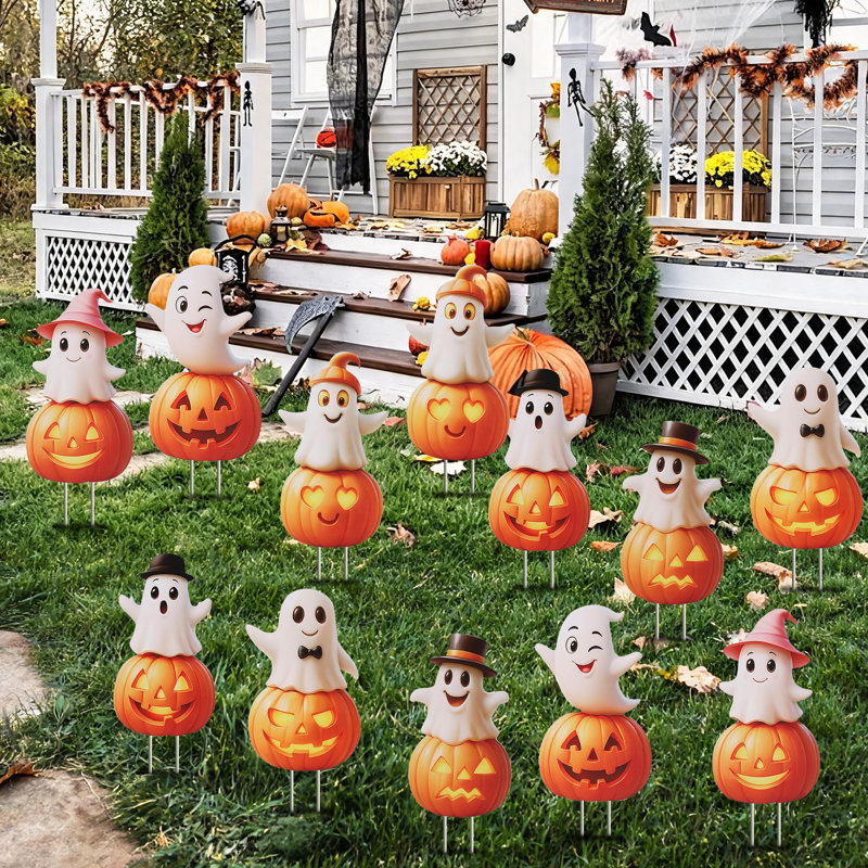 Lot de 12 panneaux de jardin d'Halloween, citrouilles mignonnes à planter pour la décoration du jardin des enfants, blanc et jaune.