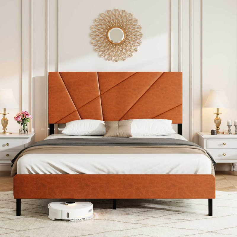 Structure de lit double en métal, lit plateforme carré avec rangement sous le lit, aucun matelas à ressorts requis, brun rétro