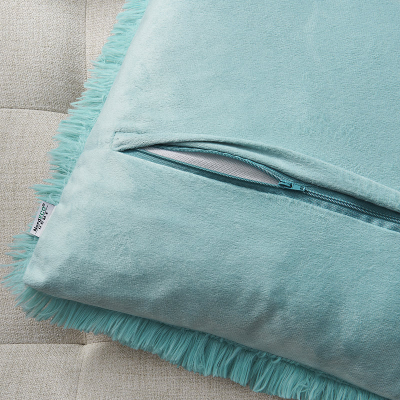 Housse de coussin carrée en fausse fourrure, Bleu sarcelle, H 16 po x l 16 po