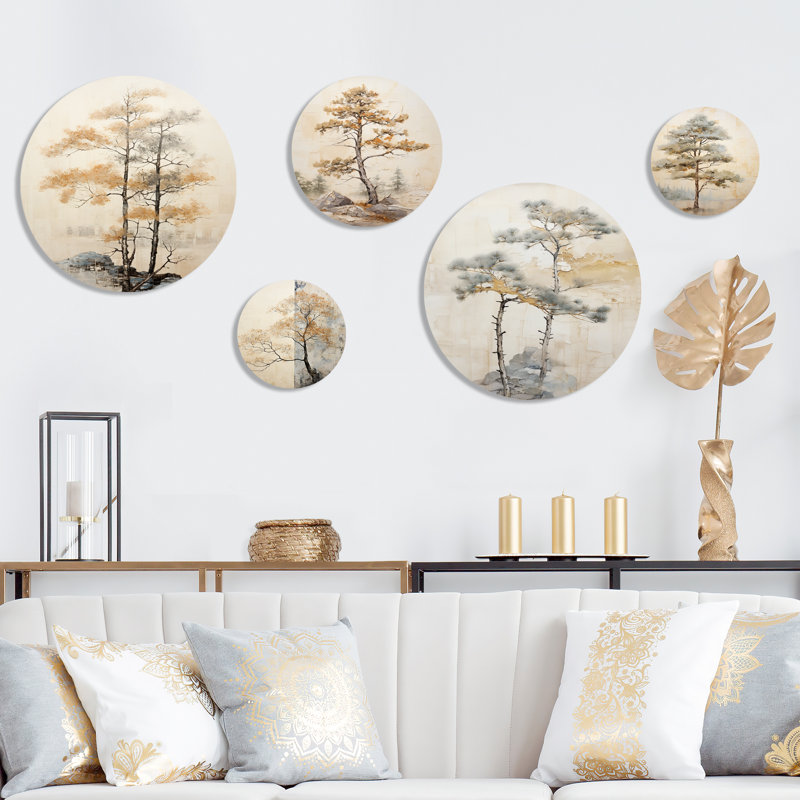 «Beige Tree Pine Tranquility» - ensemble d'art mural rond en pin