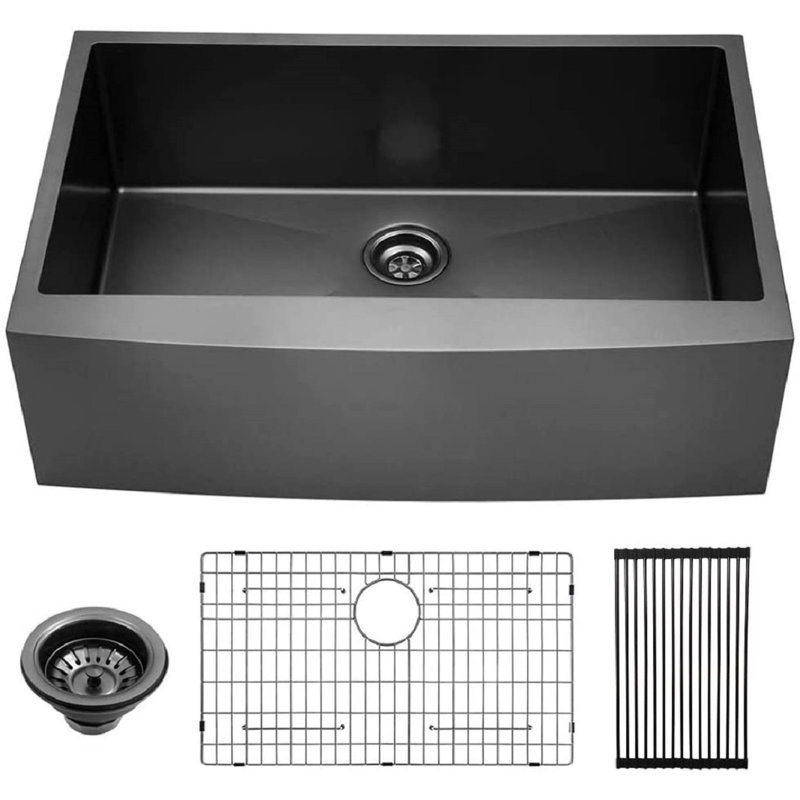 33" L x 21" W Farmhouse Nano Titanium Plated Kitchen Sink, Gunmetal Black Apron Kitchen Sink with Sink Grid, Strainer and Roll-up Rack