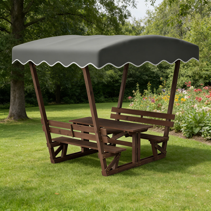5 pi L 3 pi. D Pavillon de jardin extérieur en bois massif brun avec auvent Oxford imperméable, bancs de dossier intégrés et plateau de table respirant pour le jardin