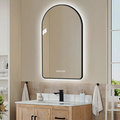 Modern LED Bathroom Mirror with Time Display Three Color Lighting Dimmable Anti Fog HD Shatter Resistant Black Frame Wall Mounted