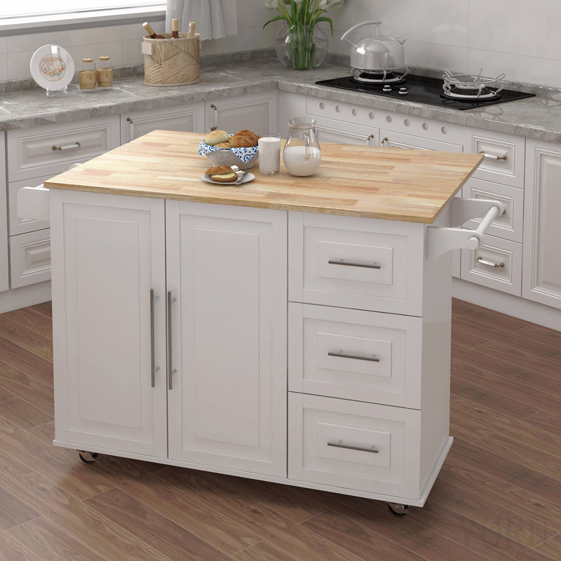 Îlot de cuisine avec support à épices, porte-serviettes et plateau de table en bois massif extensible - blanc