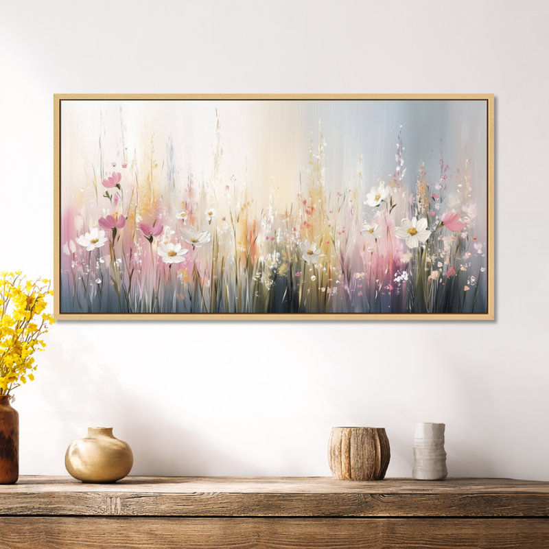 «Gray Pink Spring Bloom Meadows - Gray Wildflower», art mural encadré, impressions sur toile, H 24 po x l 32 po