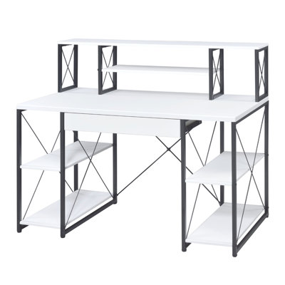Bureau rectangulaire blanc et noir, 1 tiroir, 8 étagères ouvertes, piètement traîneau en métal, idéal pour ranger les fournitures de bureau, bureau modulable avec compartiments, convient pour un bureau à domicile, structure en acier.