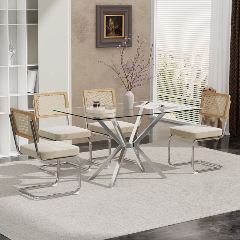 Rectangular Tempered Glass Dining Table Set With Luxury Velvet Rattan Back Upholstered Dining Chairs - Modern Contemporary Small Space Design