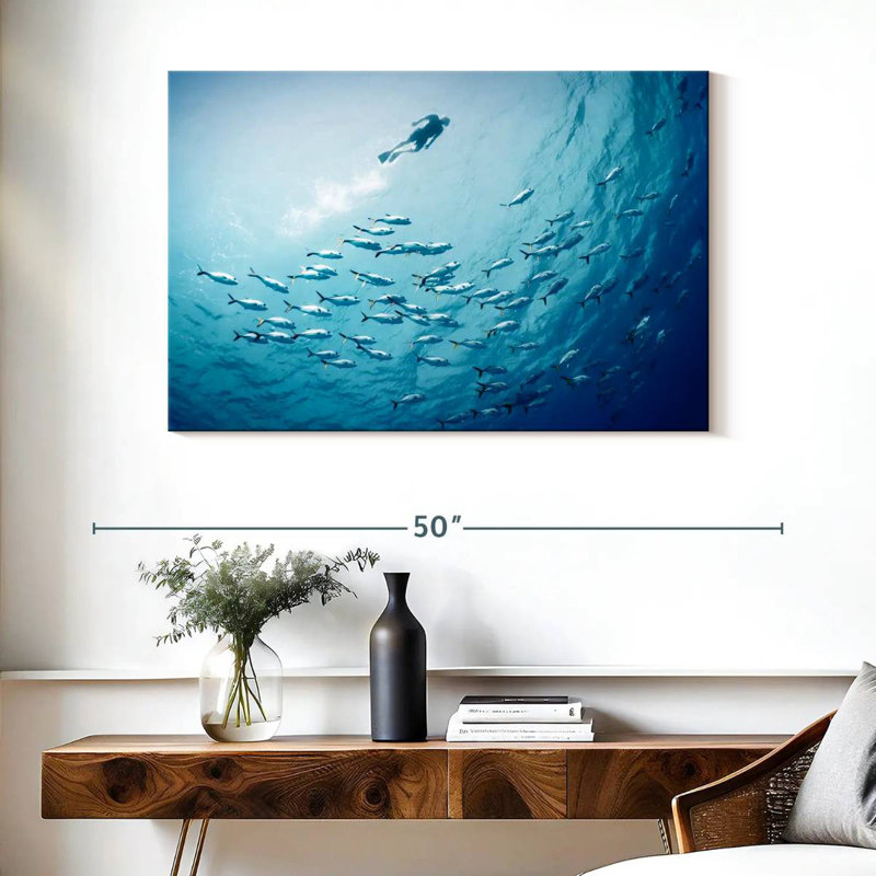 Senne sous l'eau avec les poissons, H 26 po x l 39 po