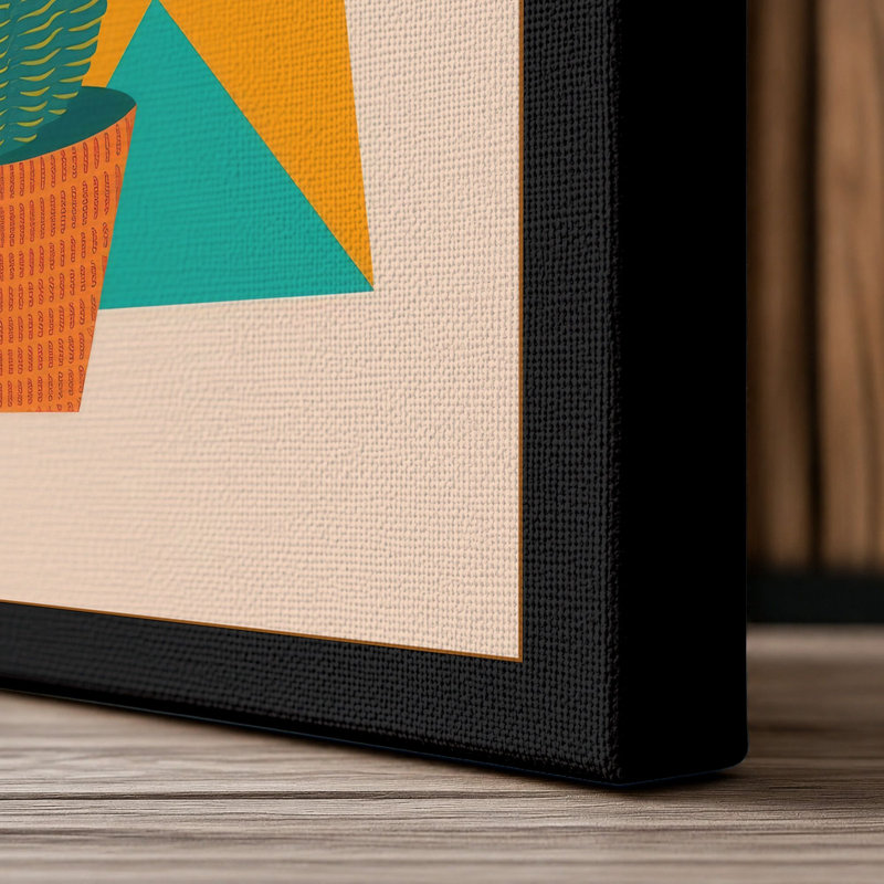Potted Saguaro in Teal Geometric - Wrapped Canvas, 36x24 - 91.4 x 61.0 cm, Black Border