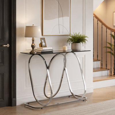 Console moderne en verre trempé avec cadre en anneau métallique, idéale pour le salon, l'entrée, le corridor et la chambre.