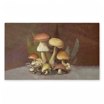 Tapis d'extérieur imprimé champignon et fougère sur fond brun, design par Tim Coffey, 18 po x 30 po