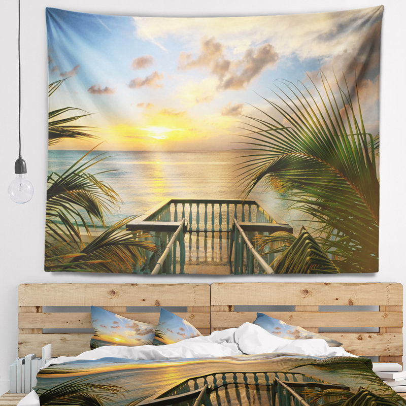 Photographie coucher de soleil vue sur la mer depuis la terrasse tapisserie, H 32 po x l 39 po