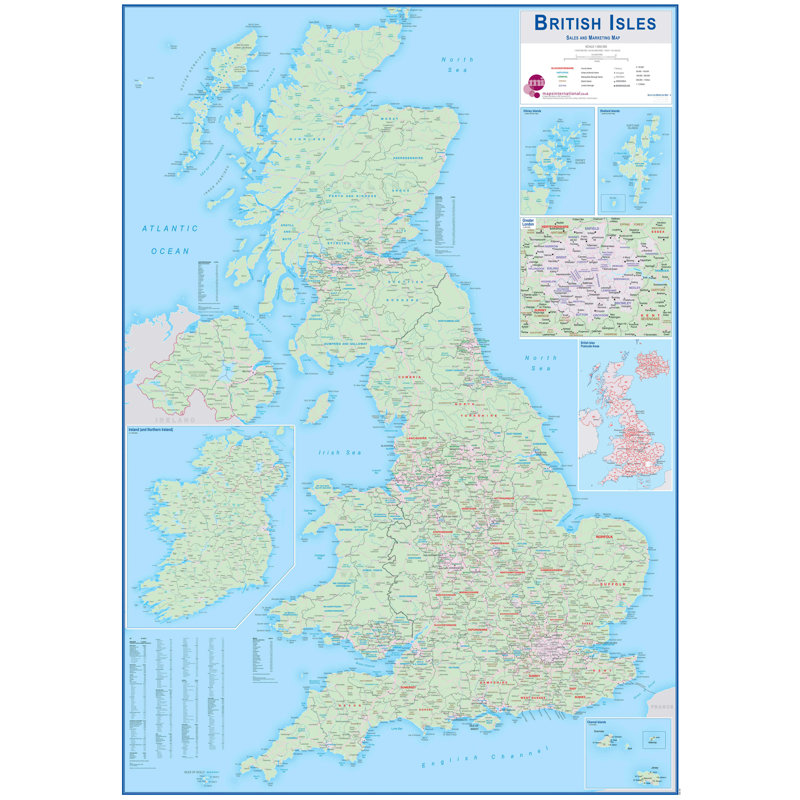Large British Isles Sales And Marketing Map - No Frame Print, 163.2cm H x 115.3cm W x 0.5cm D