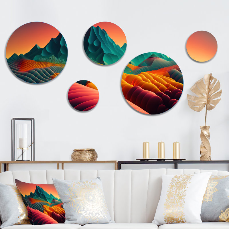 Décoration murale abstraite «Hills» en magenta jaune et bleu I - Paysage de montagnes