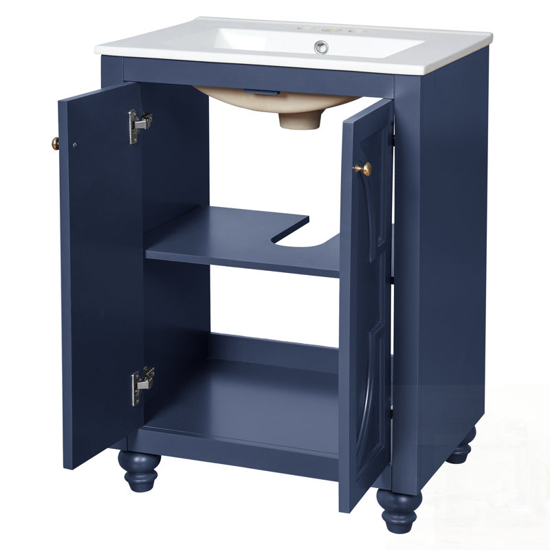 Meuble-lavabo moderne avec motif elliptique orné, charnières à fermeture en douceur et structure ouverte à l'arrière pour la plomberie