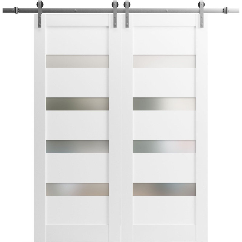 Portes coulissantes doubles de style grange avec quincaillerie Quadro 4113 Blanc Soie avec verre opaque dépoli, rail de 4 m (13 pi), ensemble robuste, panneau en bois massif, porte intérieure de cuisine, chambre ou salle de bain - 91,4 cm x 213,4 cm (36 po x 84 po) (2 x 45,7 cm x 84 po) - Rail argenté