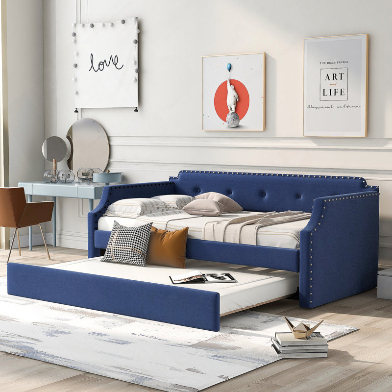 Upholstered Daybed With Trundle, Wood Slat Support,Upholstered Frame Sofa Bed, Blue