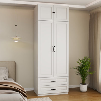 Modern Armoire Wardrobe Closet with 2 Drawers: 89" White Bedroom Wardrobe Cabinet with 2 Doors, Wood Armoire with Hanging Rod, Storage Armoires with S