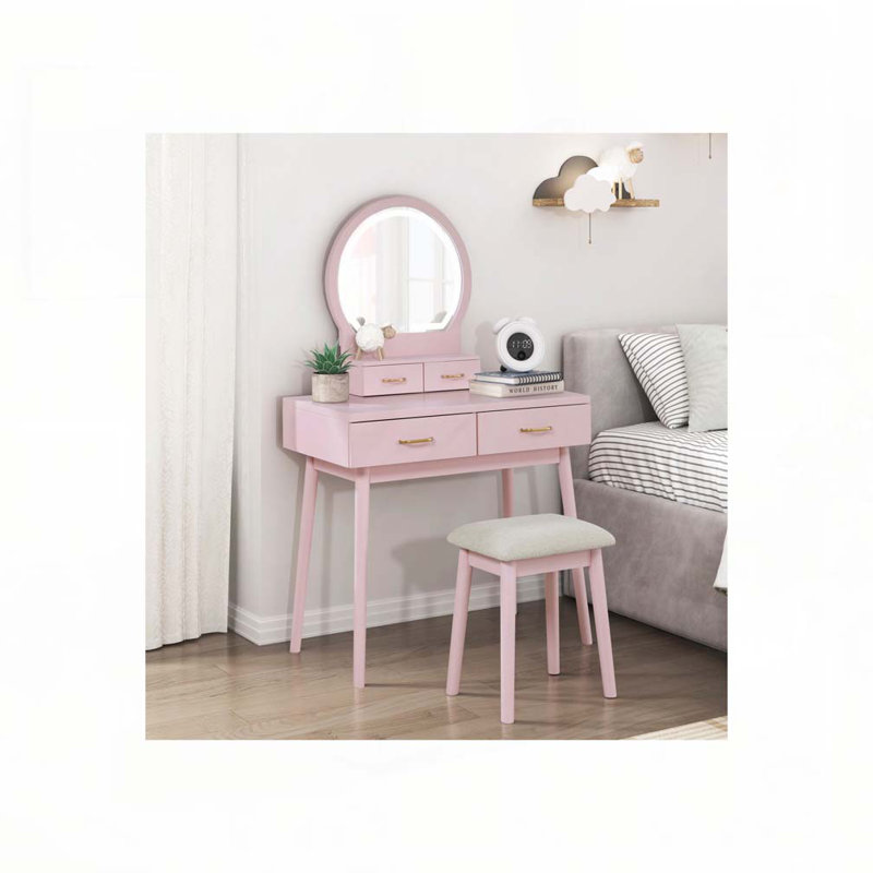 Beautiful Pink Finish Vanity Dresser with Mirror and Stool Set Storage Drawers Bedroom Furniture 1pc, Pink