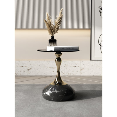 10mm Gray Tempered Glass Side Table with Marble-Finish Base & Nano-Coated Pole - Weighted Accent Table for Living Room, Bedroom, Balcony