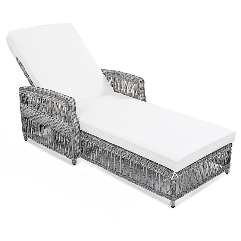 1PC Outdoor Long Reclining Chaise, Wicker Lounge With Armrests, Patio Adjustable Recliner With Soft Removable Cushions, Beige