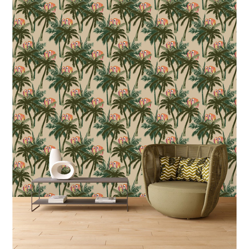 Panneau de papier peint Ivalina Parrots on Palms, L 2,08 pi x L 18,75 pi