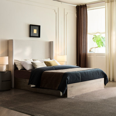 Grand lit tapissier de 54 po de hauteur, conception neutre moderne, chenille texturée, base en métal, cadre de lit à assemblage rapide avec tête de lit, toile rustique scandinave, support, boîte tout-en-un,