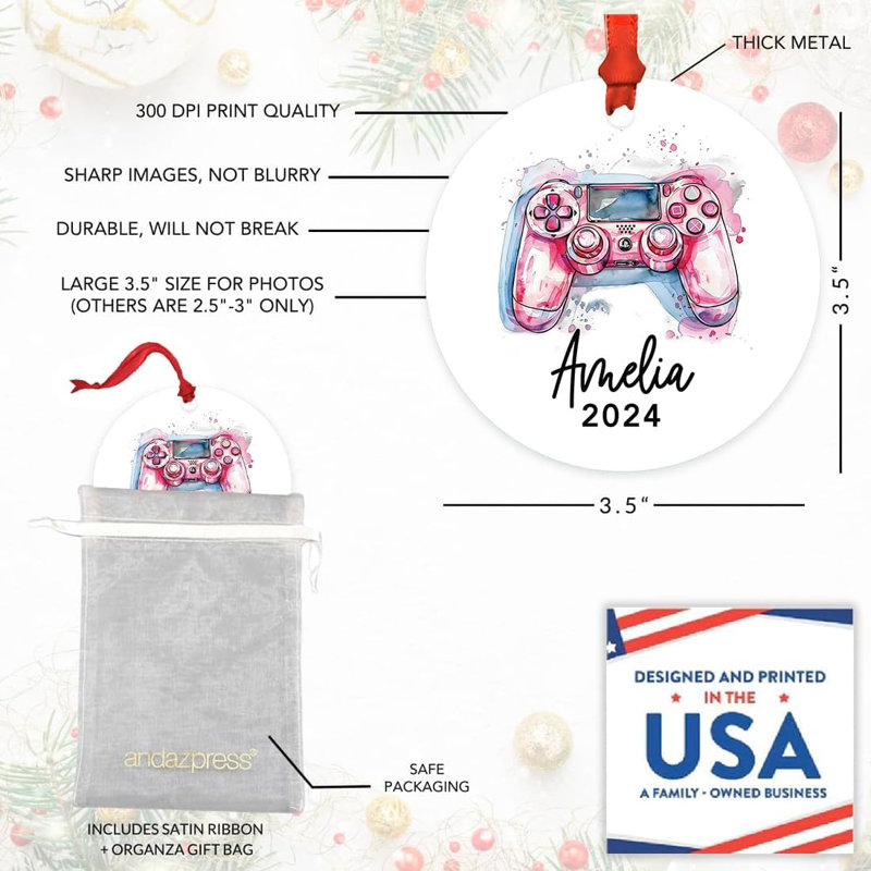 Custom Pink Video Game Remote Ornament 20XX Metal Gamer Christmas Tree Decor, Oui