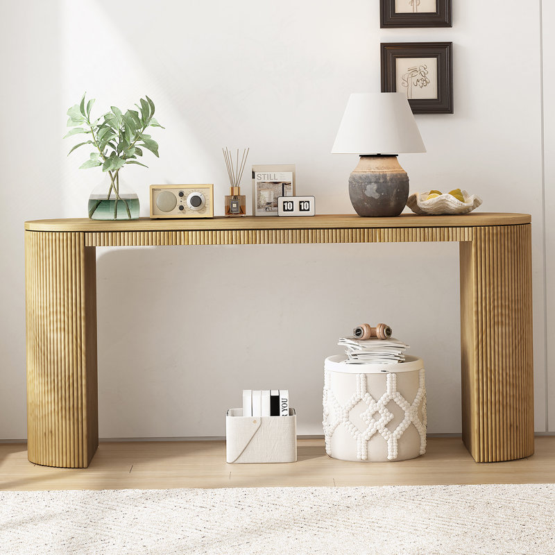 Curved Design Console Table With Unique Vertical Stripe Design ,Suitable, Natural