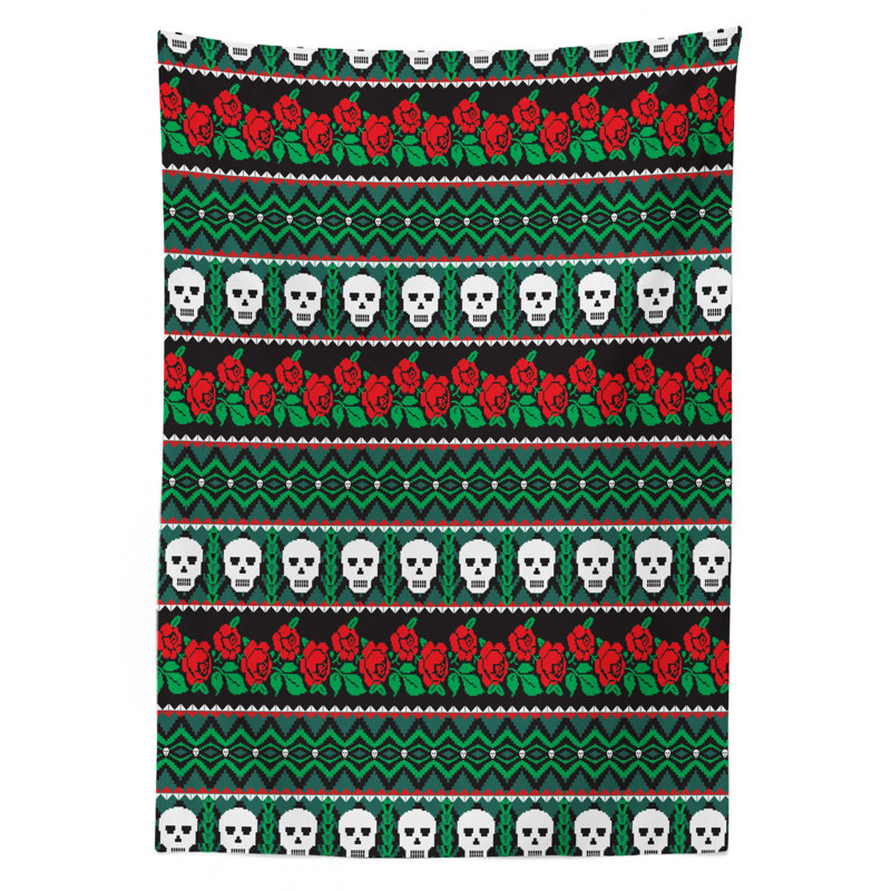 Ambesonne Skull Tablecloth, Mexican Folkloric Art And Roses Knitted Seem Pattern Traditional Borders Print, Rectangular Table Cover For Dining Room Kitchen Decor, 60" X 90", Green White Red