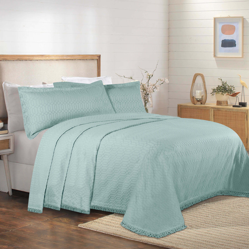 Remi All Season Breathable Jacquard Geometric Fringe Cotton-Poly Blend Bedspread Set With Shams, Aqua, Twin 2Pc Bedspread Set