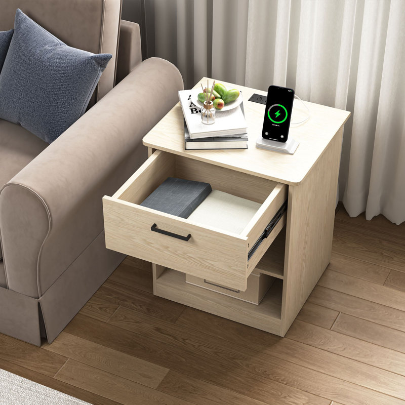 1 - Drawer Nightstand With Charging Station, Beige