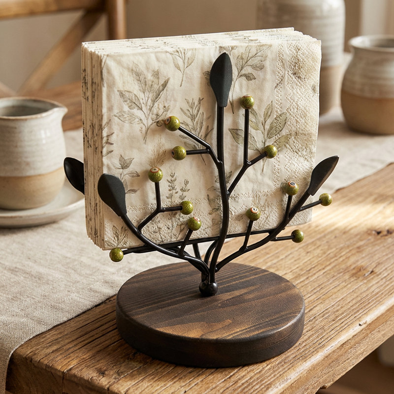 Porte-serviette en fer en forme d'arbre avec base en bois